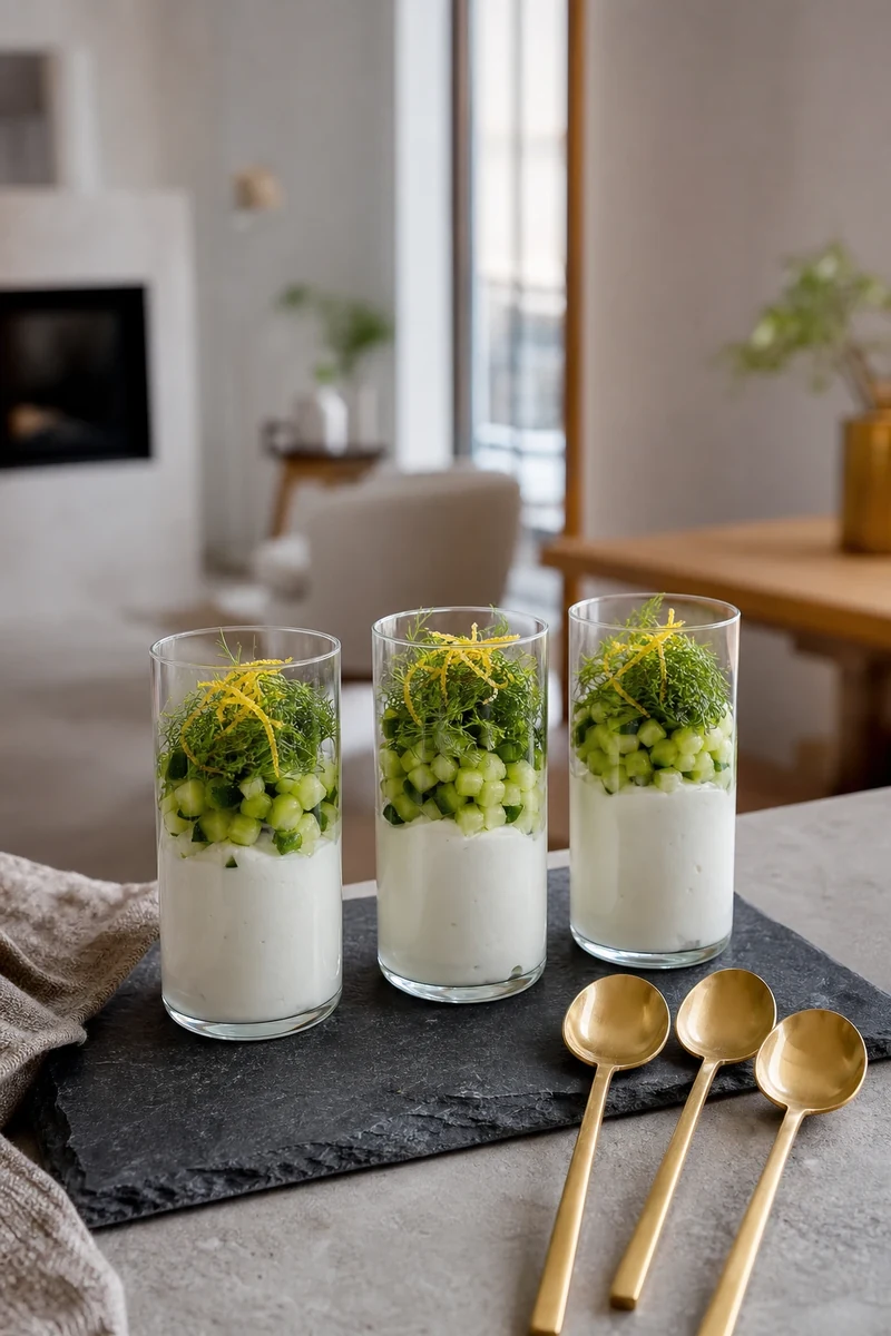 Verrines de fromage frais, concombre et aneth dressées sur ardoise