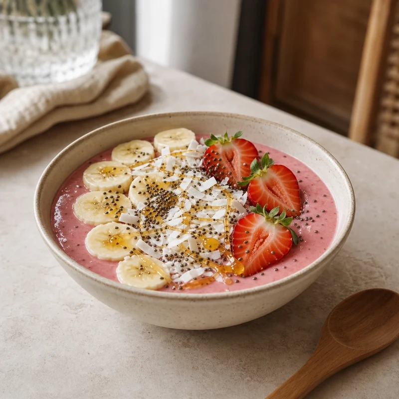 Smoothie bowl fraise-banane décoré de fruits frais, graines de chia et copeaux de coco