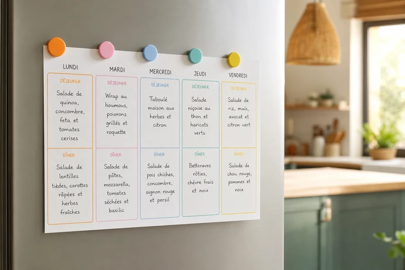 Planning repas cinq jours canicule affiché sur la porte d'un frigo