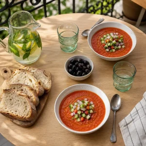 Bol de gaspacho andalou frais dressé sur une table d'été avec pichet d'eau citronnée et pain de campagne