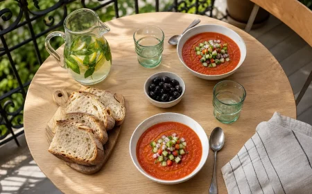 Bol de gaspacho andalou frais dressé sur une table d'été avec pichet d'eau citronnée et pain de campagne