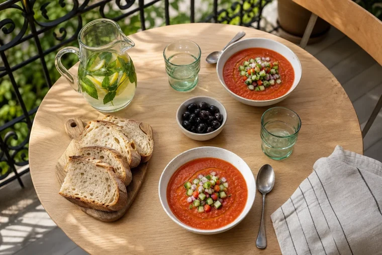 Bol de gaspacho andalou frais dressé sur une table d'été avec pichet d'eau citronnée et pain de campagne