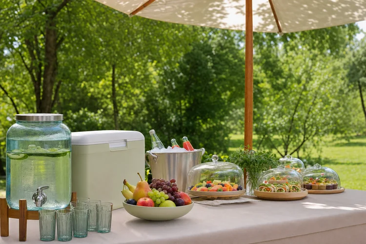 Buffet froid et hydratation en plein air : glacière, fontaine à eau et gobelets réutilisables