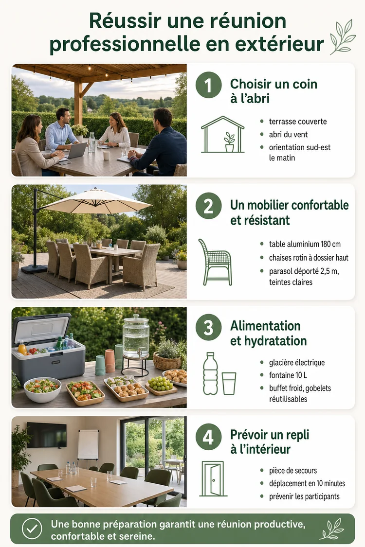 Infographie : réussir une réunion professionnelle en extérieur en quatre étapes