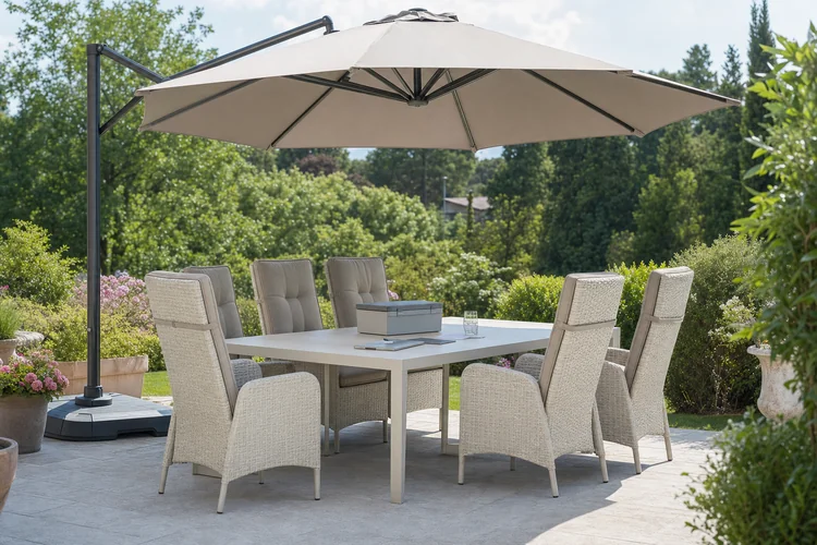 Mobilier de jardin confortable et résistant : table en aluminium, chaises en rotin et parasol déporté