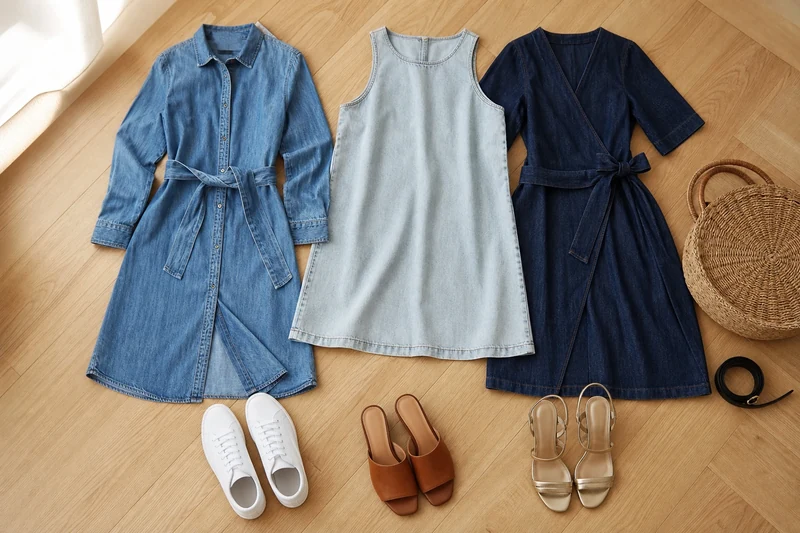 Trois coupes de robes en jean délavé alignées sur un parquet avec chaussures et accessoires assortis