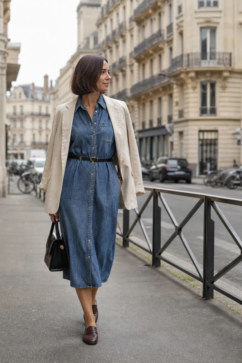 Look 5 bureau friday wear robe en jean délavé avec blazer écru et mocassins cuir marron