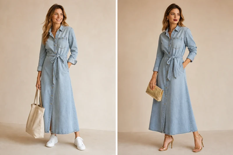 Diptyque jour-soir d'une même robe en jean délavé déclinée en look casual puis en look soirée