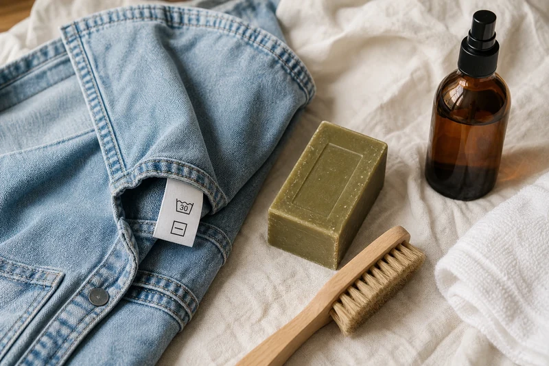 Entretien d'une robe en jean délavé avec savon de Marseille brosse à vêtement et vaporisateur