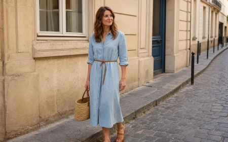 Femme en robe en jean délavé clair ceinturée avec panier en osier devant un immeuble parisien en lumière dorée