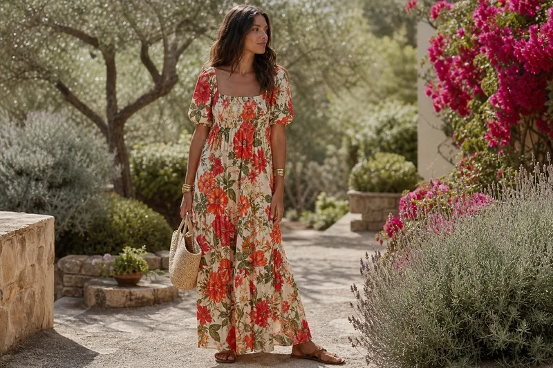 Robe longue bohème florale imprimés tropicaux en jardin méditerranéen