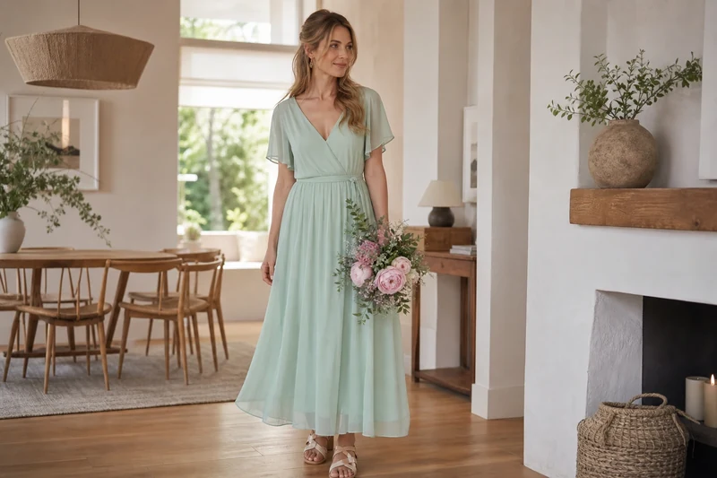 Robe longue vert menthe pastel pour mariage champêtre