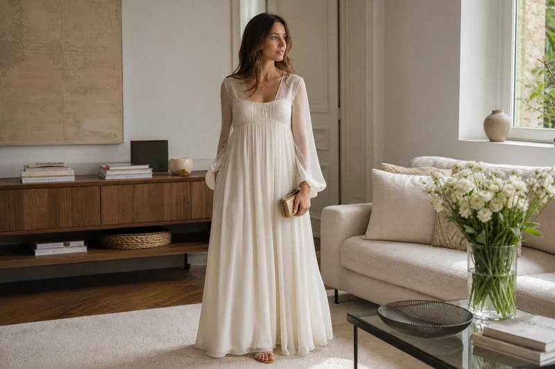 Robe longue empire en mousseline blanc cassé
