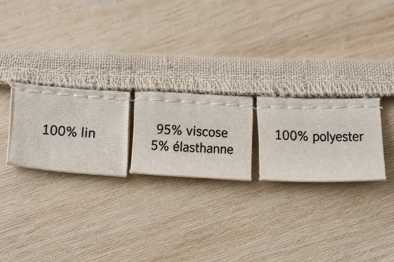 Trois étiquettes textiles comparant lin, viscose et polyester