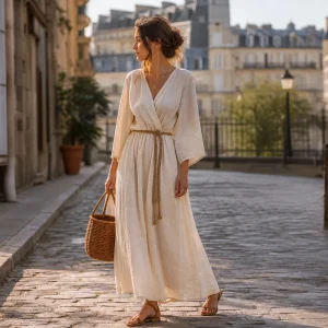 Robe longue fluide en lin écru portée dans une rue parisienne en été