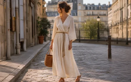 Robe longue fluide en lin écru portée dans une rue parisienne en été
