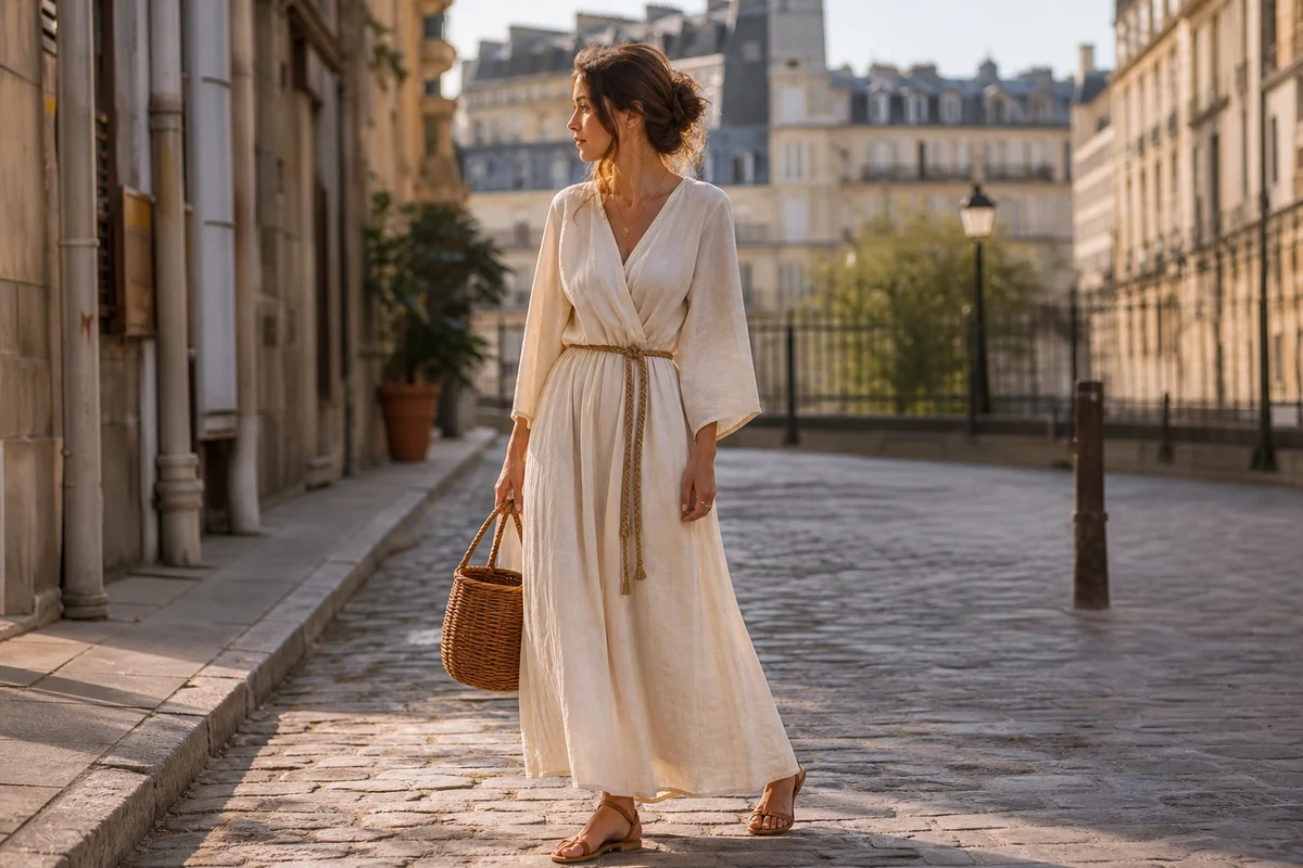Robe longue fluide en lin écru portée dans une rue parisienne en été