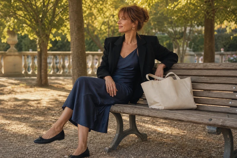 Robe nuisette bleu encre portée avec blazer noir et ballerines sur un banc parisien