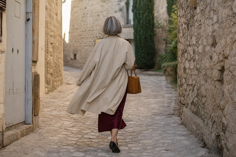 Robe nuisette bordeaux portée sous un trench beige oversize et ballerines noires
