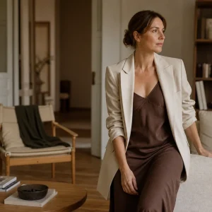 Femme en robe nuisette chocolat sous blazer crème oversize et mocassins noirs en ville