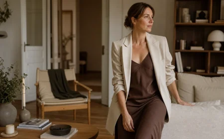 Femme en robe nuisette chocolat sous blazer crème oversize et mocassins noirs en ville