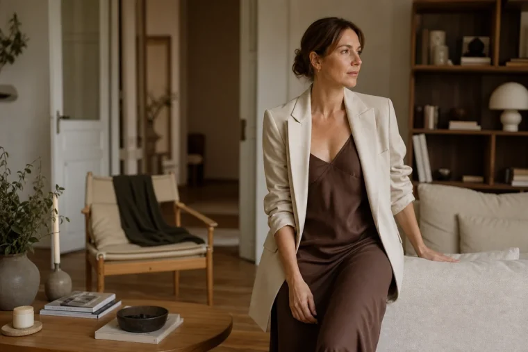 Femme en robe nuisette chocolat sous blazer crème oversize et mocassins noirs en ville