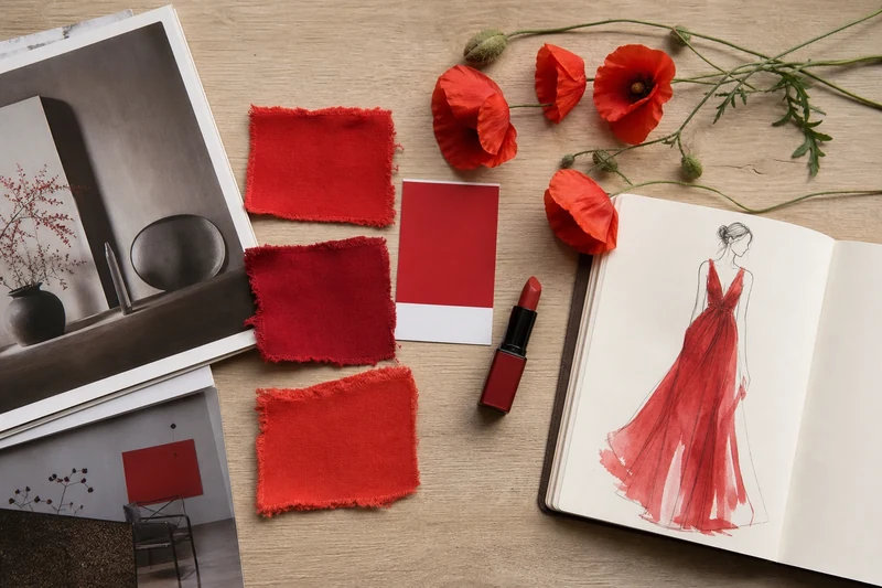 Mood board d'échantillons et nuances de rouge pour la mode été 2026