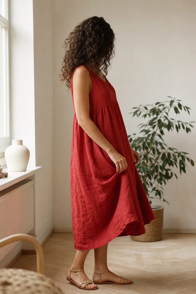 Robe en lin rouge cerise à coupe trapèze portée dans un intérieur lumineux