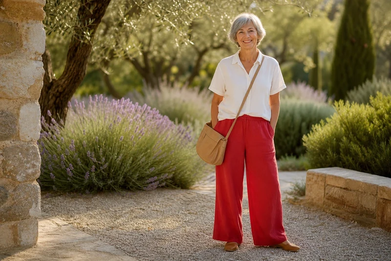 Femme 60 ans en pantalon rouge en lin et chemisier blanc, look été élégant