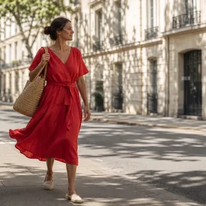 Femme en robe rouge tomate en lin dans une rue parisienne ensoleillée