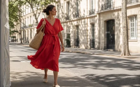 Femme en robe rouge tomate en lin dans une rue parisienne ensoleillée