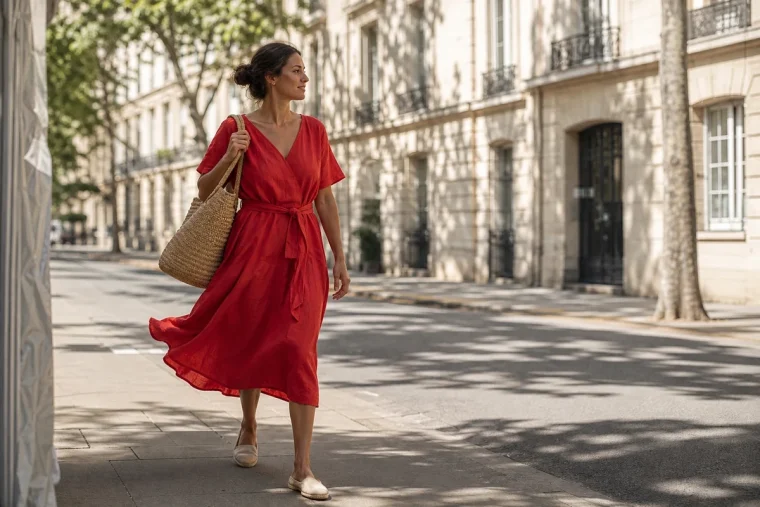 Femme en robe rouge tomate en lin dans une rue parisienne ensoleillée