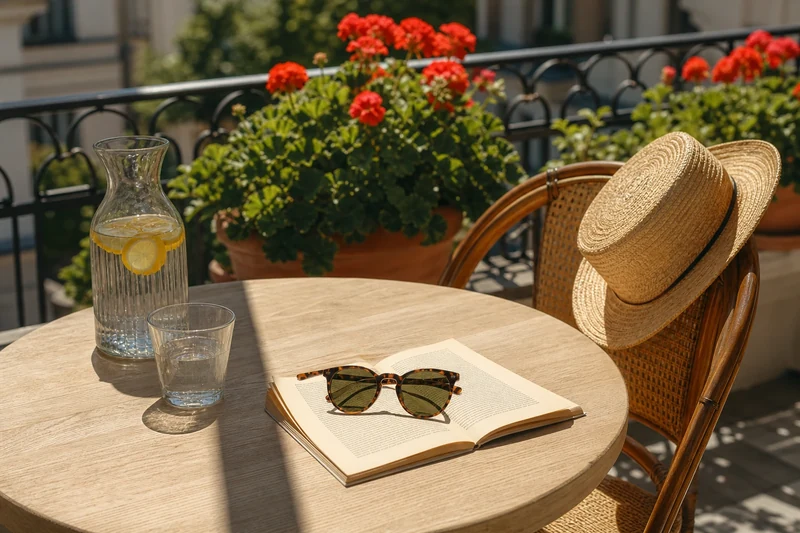 Terrasse parisienne en plein soleil avec chapeau de paille et lunettes de soleil