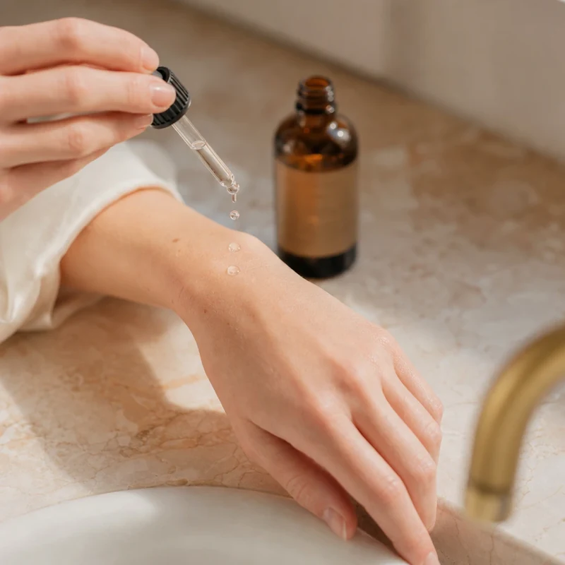 Sérum niacinamide acide hyaluronique appliqué à la pipette sur la peau
