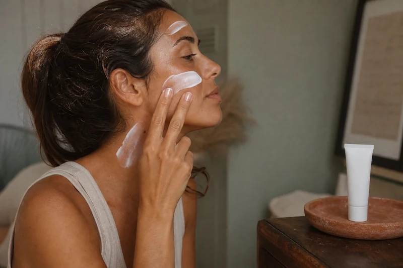 Application généreuse d'un fluide solaire SPF 50 sur le visage et le cou