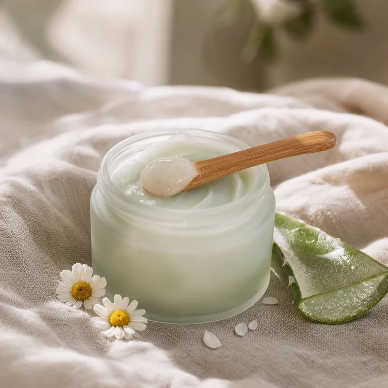 Soin après-soleil à l'aloe vera et centella appliqué à la spatule en bambou