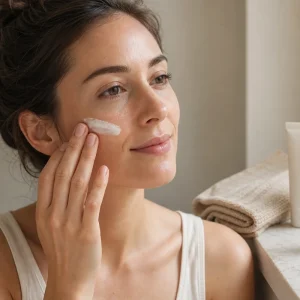 Femme appliquant une crème solaire SPF 50 sur le visage dans sa salle de bain en été