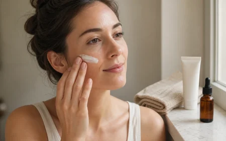 Femme appliquant une crème solaire SPF 50 sur le visage dans sa salle de bain en été