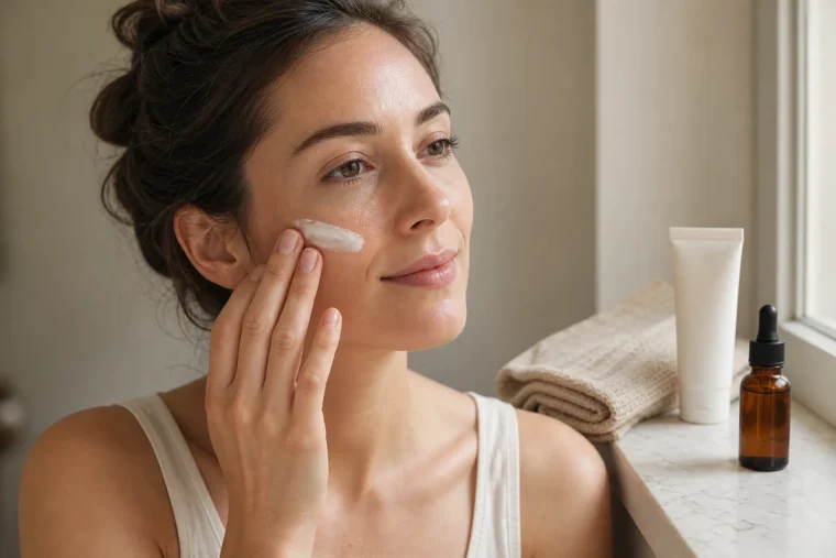 Femme appliquant une crème solaire SPF 50 sur le visage dans sa salle de bain en été