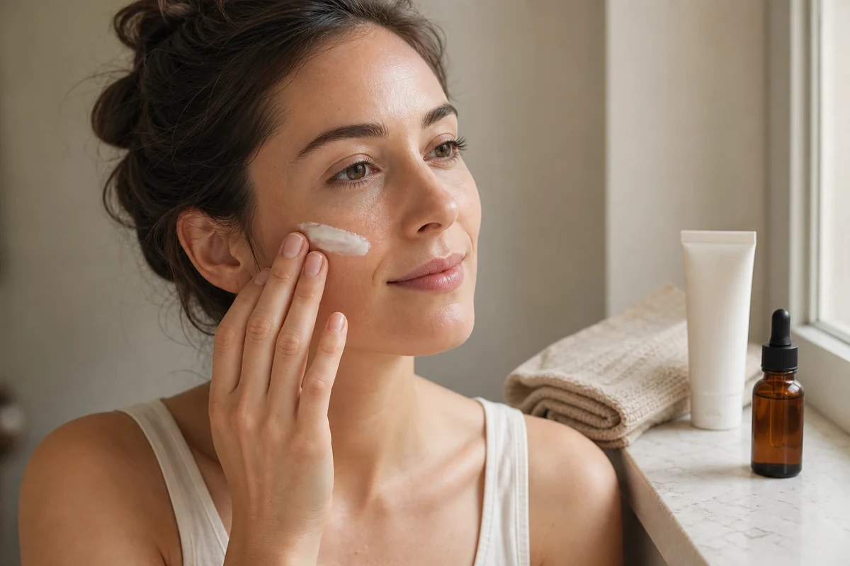 Femme appliquant une crème solaire SPF 50 sur le visage dans sa salle de bain en été