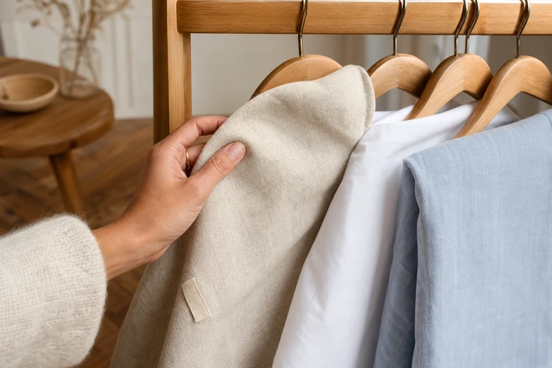 Comparaison tactile entre lin, popeline et voile de coton sur un porte-vêtement en boutique