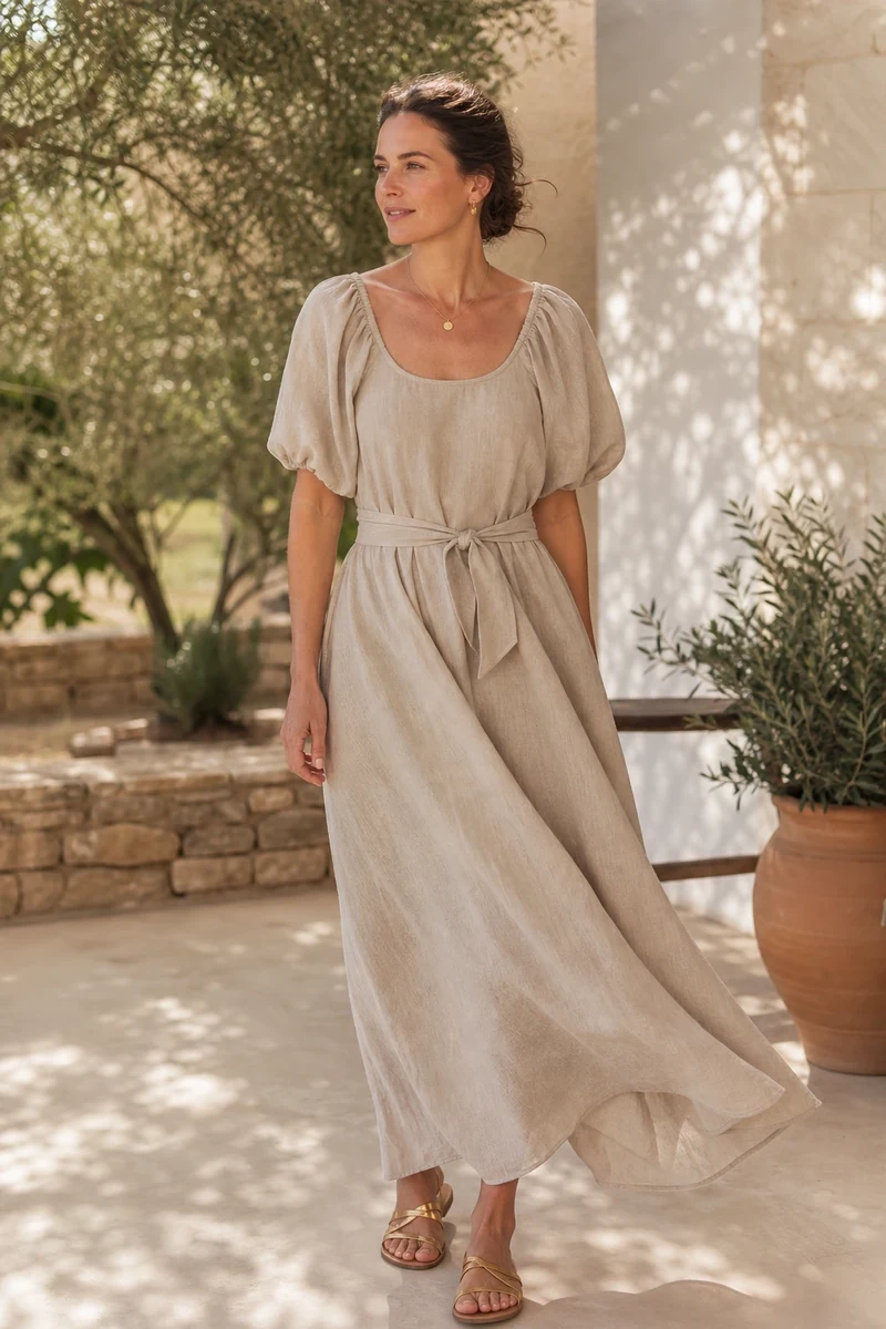 Robe longue en lin couleur sable portée en plein été dans un jardin méditerranéen