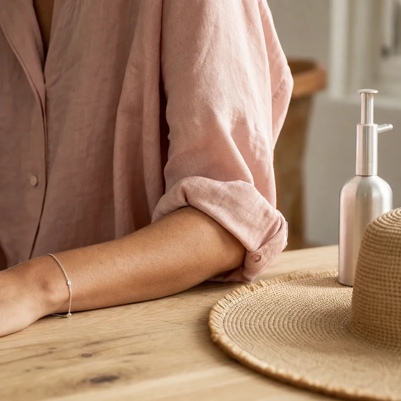 Détail d'une chemise en lin lavé rose poudré avec chapeau de paille et brumisateur