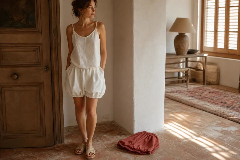 Bubble short écru, débardeur en lin et sarouel terracotta posés dans une maison du sud