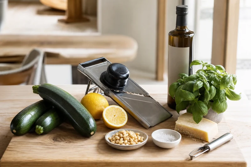 Ingrédients pour carpaccio de courgettes crues disposés sur planche en bois