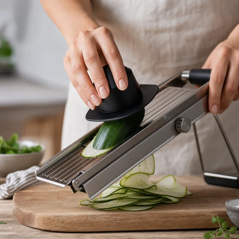 Mains tranchant une courgette à la mandoline pour un carpaccio