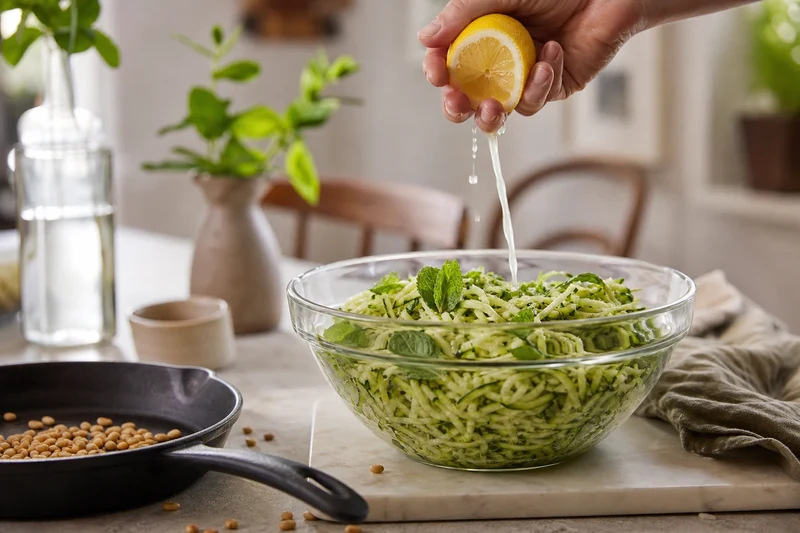 Courgettes râpées à la menthe, citron et pignons de pin torréfiés