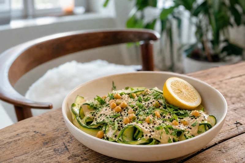 Rubans de courgettes crues à la sauce tahini et pois chiches