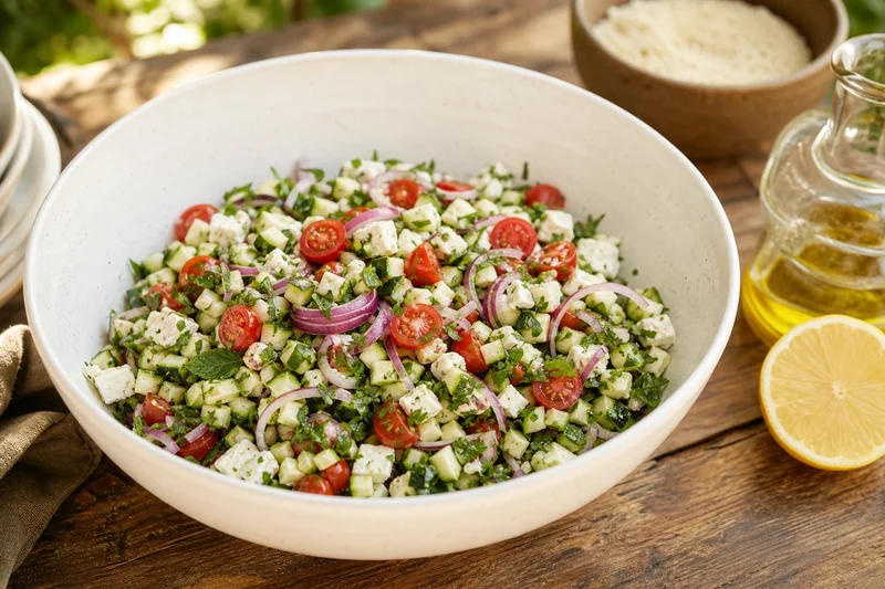 Taboulé de courgettes crues aux tomates cerises, feta et herbes fraîches