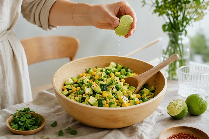 Salade de courgettes crues en dés avec avocat, maïs et coriandre